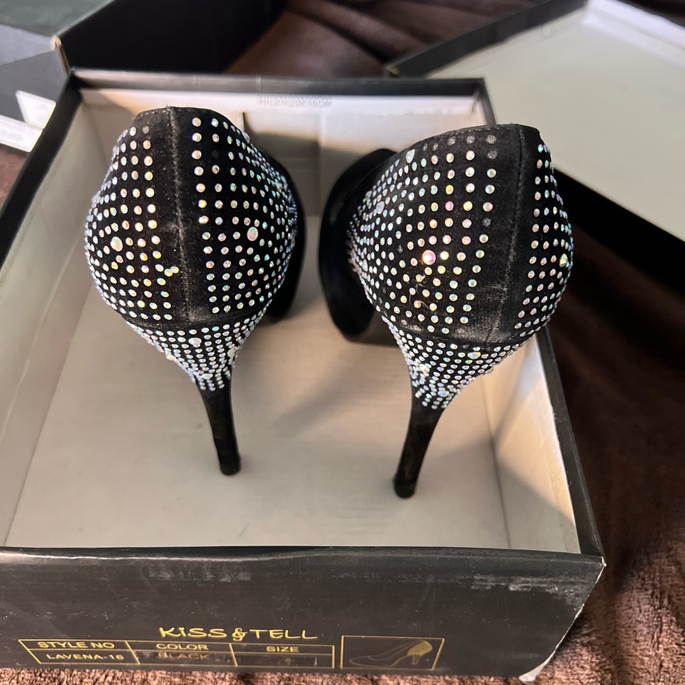Black suede rhinestone heels